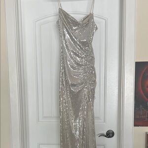 Line & Dot Silver Sequin Prom Dress